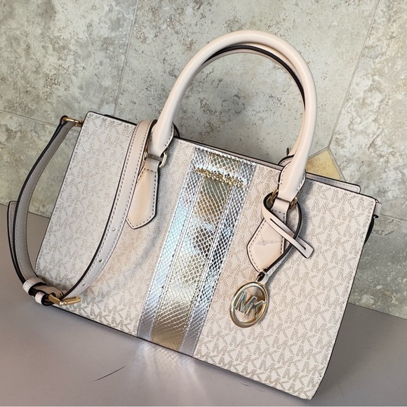 Michael Kors Sheila Medium Satchel Shoulder Bag MK Pale Gold Multi - Picture 14 of 14